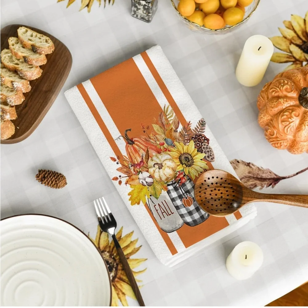 Set of 2 Hello Pumpkin Fall Kitchen Towels , 18x26 Inch Seasonal Hand Towels